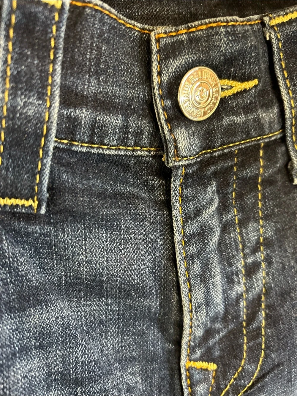 True Religion Indigo Blue Straight Jeans with Yellow Stitching